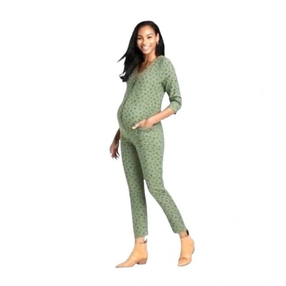 The Nines by HATCH Olive Green Printed Maternity Jumpsuit